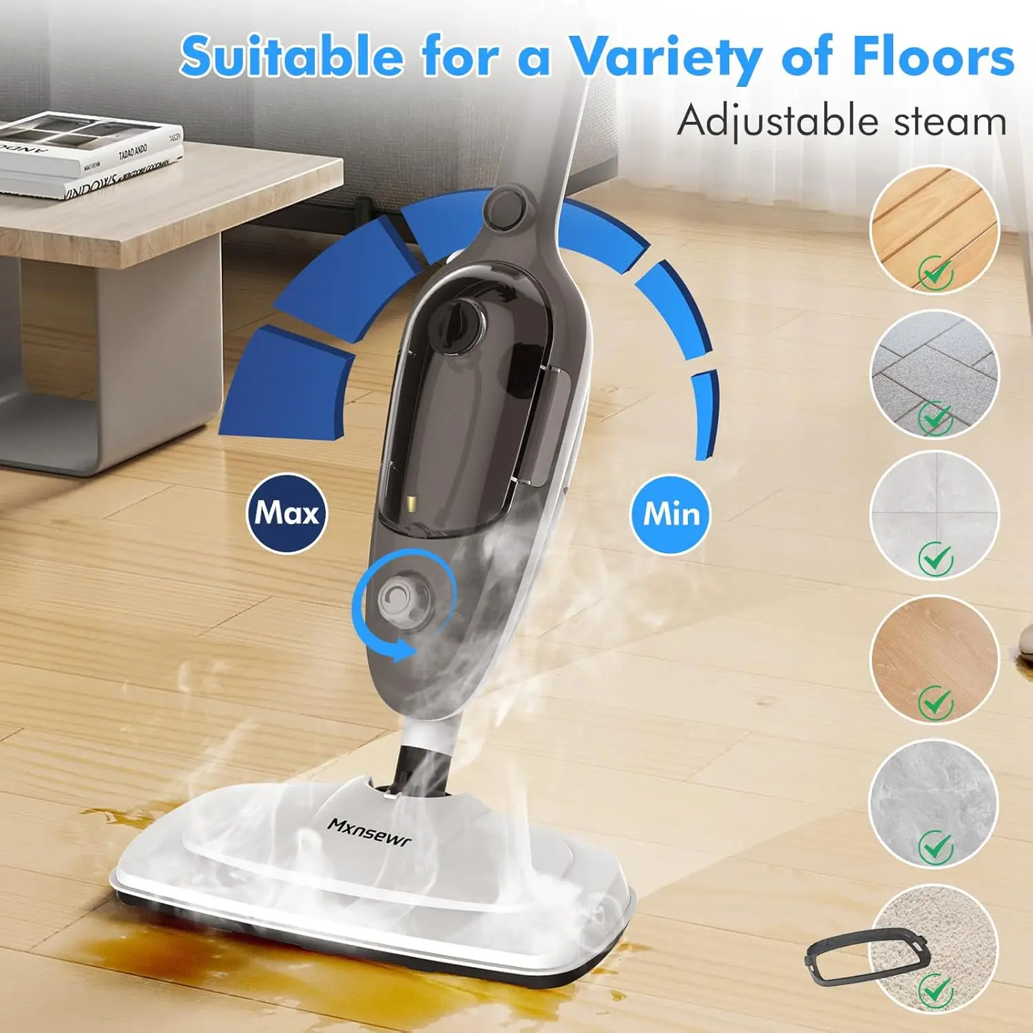 Mop - All-in-one Powerful Handheld Steam Cleaner Detachable Floor Steamer with 11 Accessories, MultiPurpose Steamer for Hardwood