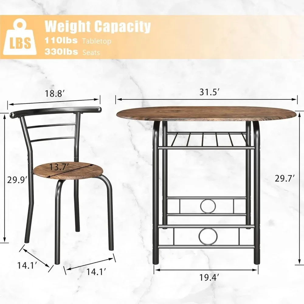 

3-Piece Wooden Round Table & Chair Set, Space Saving Kitchen Breakfast Nook Wood Grain Tabletop with Metal Frame and Built-in W
