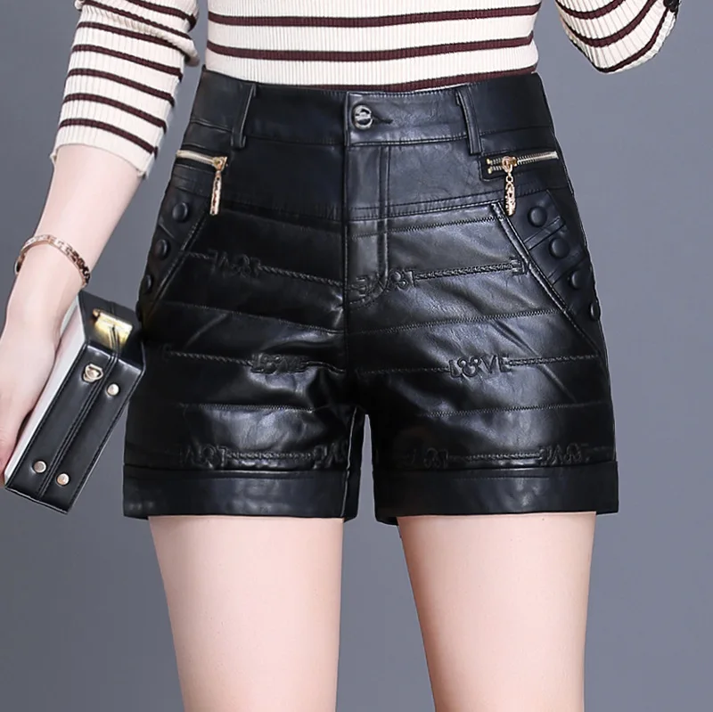 

Fashion High Waist PU Leather Shorts Winter Clothes Women Elegant Chic Slim Casual Thick Warm Quilted Short Pants Lady 929Y