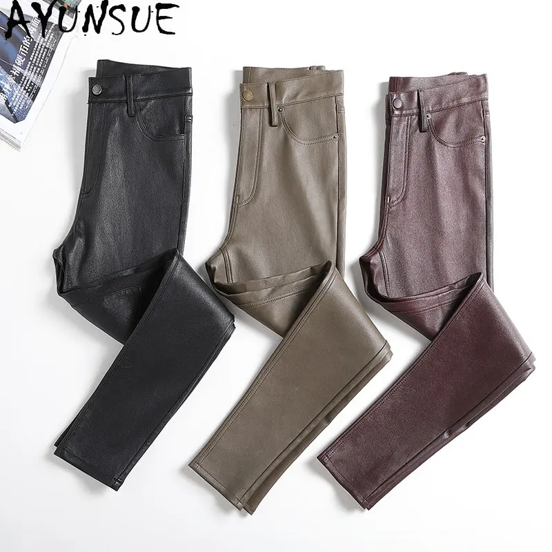 AYUNSUE Genuine Sheepskin Leather Pants for Women Clothing 2023 Stretch Small Foot Pants Korean Style Trousers  Pantalon Femmes