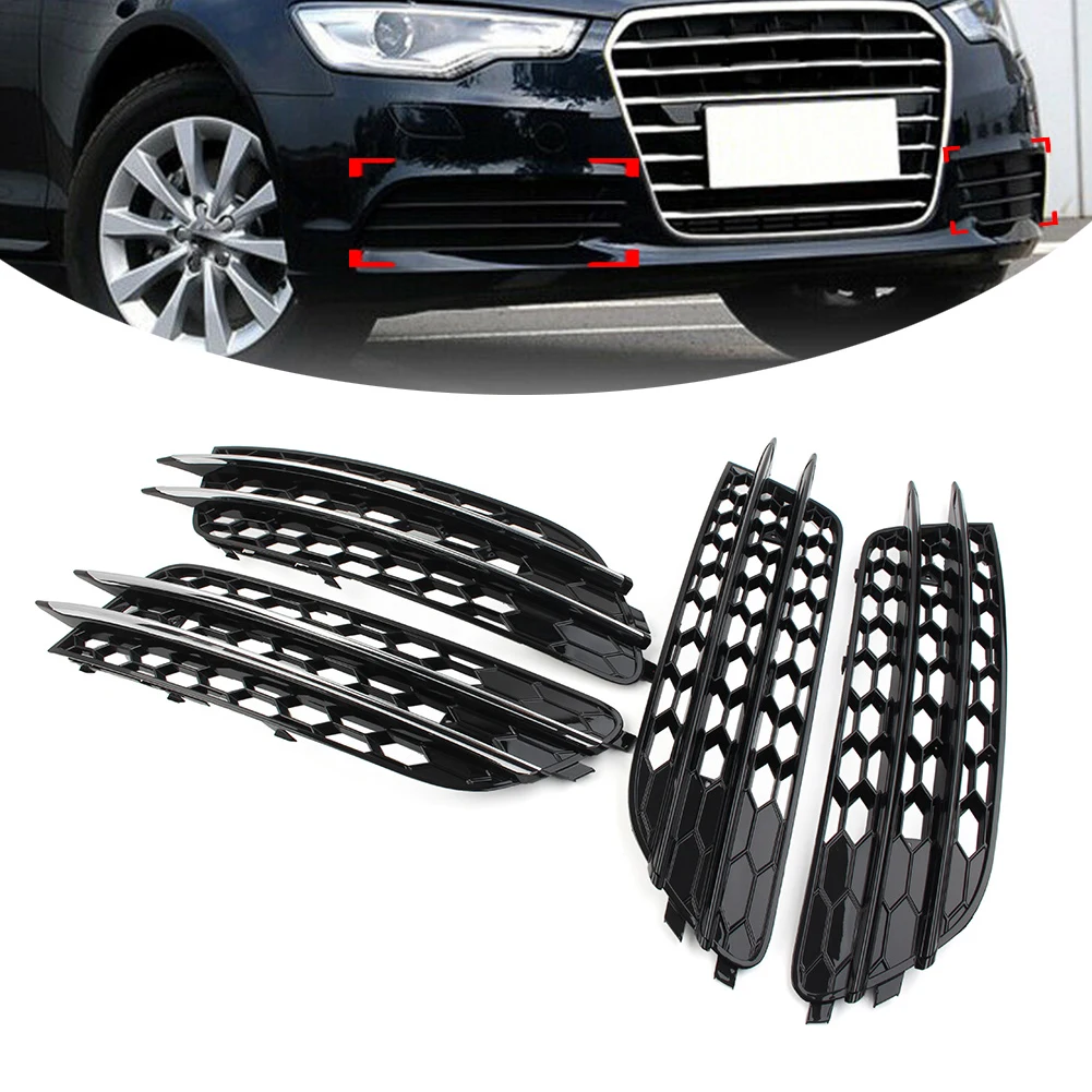 Glossy Black Front Bumper Honeycomb Mesh Fog Light Grille Cover 2Pcs For Audi A6 C7 Sedan 2012 2013 2014 2015 Car Accessories