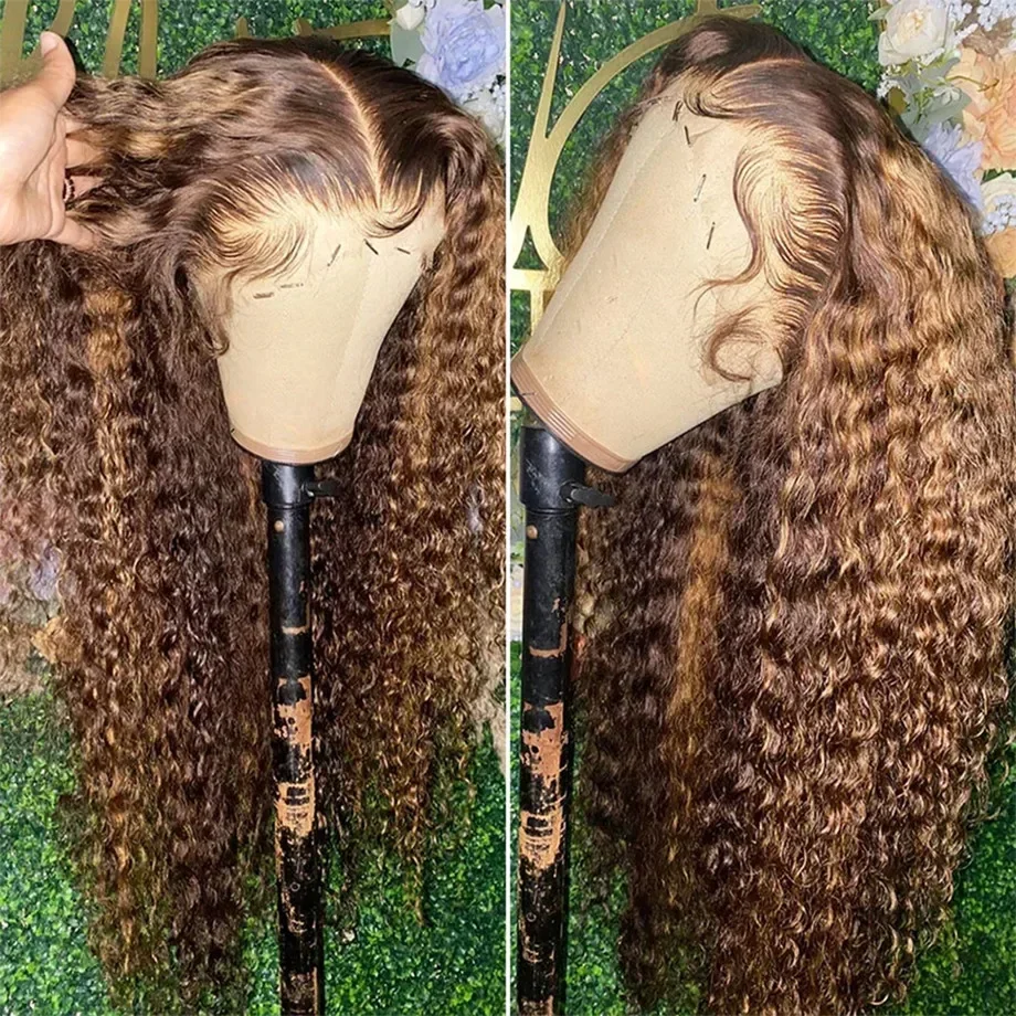 4/27 Colored Highlight Ombre Brown 180% 30 Inch Curly Deep Wave Lace Frontal Wigs13x4 HD Lace Front Human Hair Wig For Women