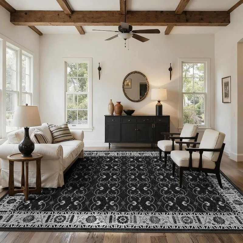 Stylish Vintage Persian Light Gray Blue Pattern Area Rug  American Luxury Carpet Non-Slip Machine Washable Large Home Floor Mat