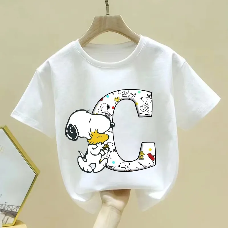 2026 أطفال الصيف المحملة الأعلى سنوبي A-Z رسالة الأطفال لطيف الكرتون أنيمي الملابس موضة الجولة الرقبة الملابس الأبيض قصيرة الأكمام #6