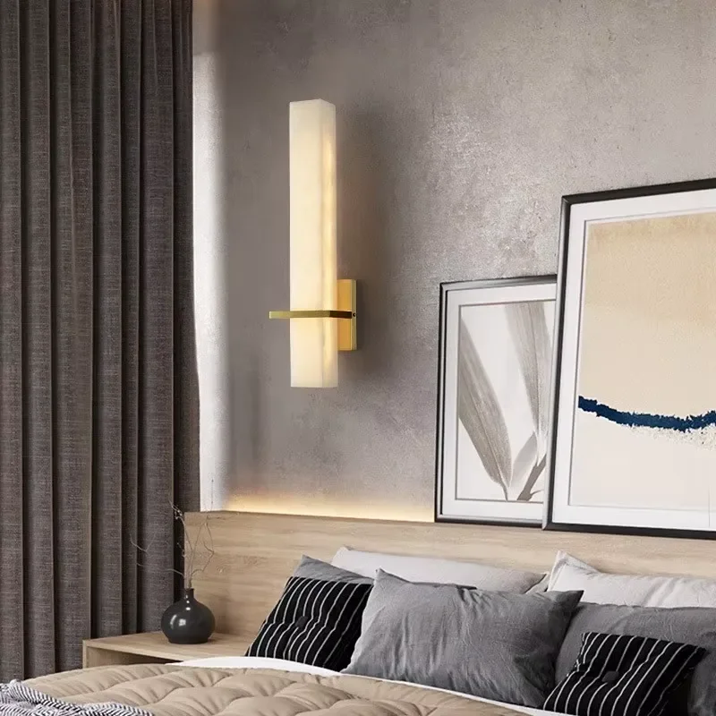 Modern LED Light Wall Lamp for Living Room TV Background Bedroom Bedside Simple Stone Copper Aisle Lamp Minimalist view 4
