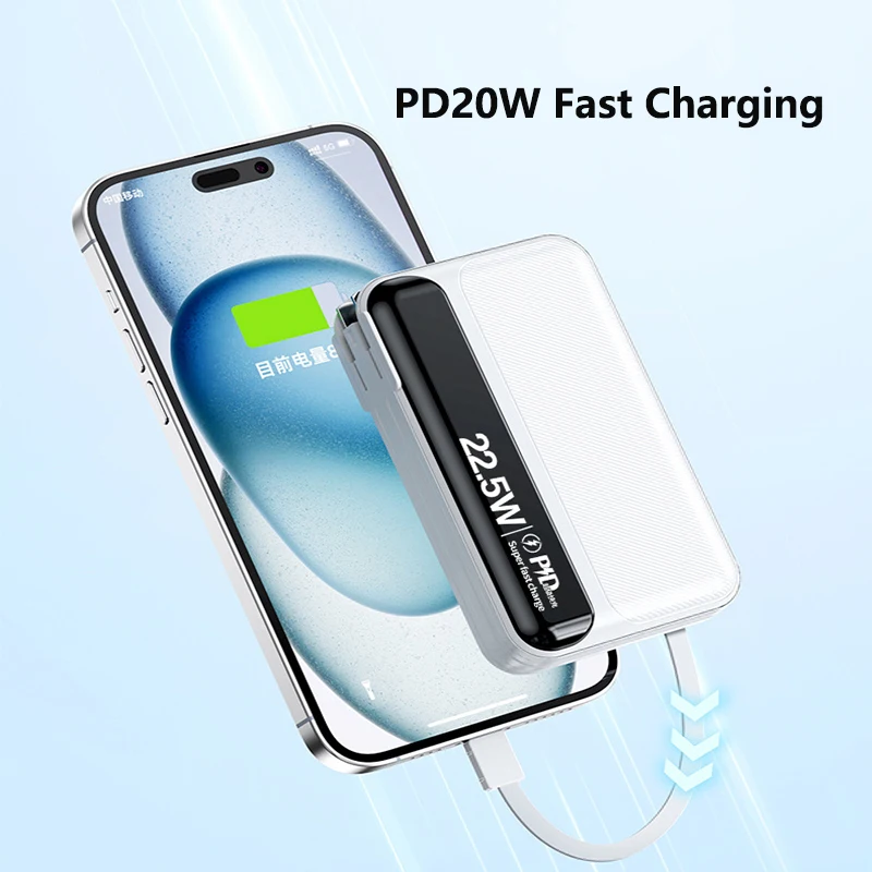 Power Bank 20000mAh Built in Cable Plug Wall Charger Powerbank 22.5W Fast Charging for iPhone 16 Samsung Xiaomi External Battery