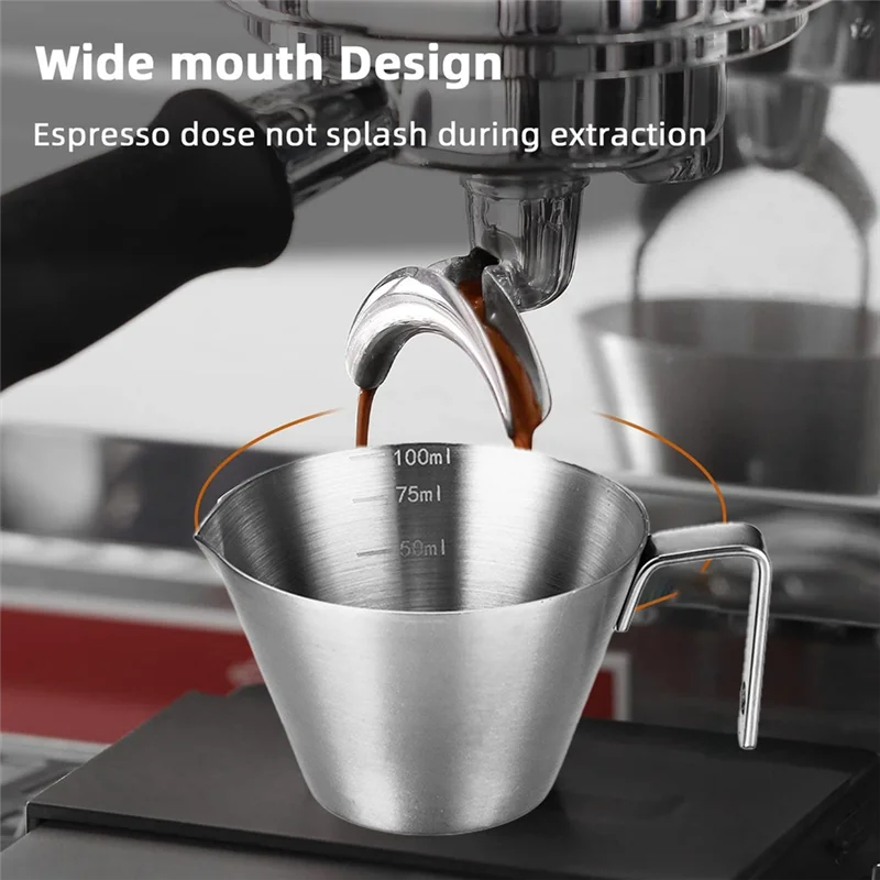 AB15-Espresso Cup With Handle, Stainless Steel Espresso Accessories, Spout Metal Measuring Cup With Scale, 3.4OZ/100ML