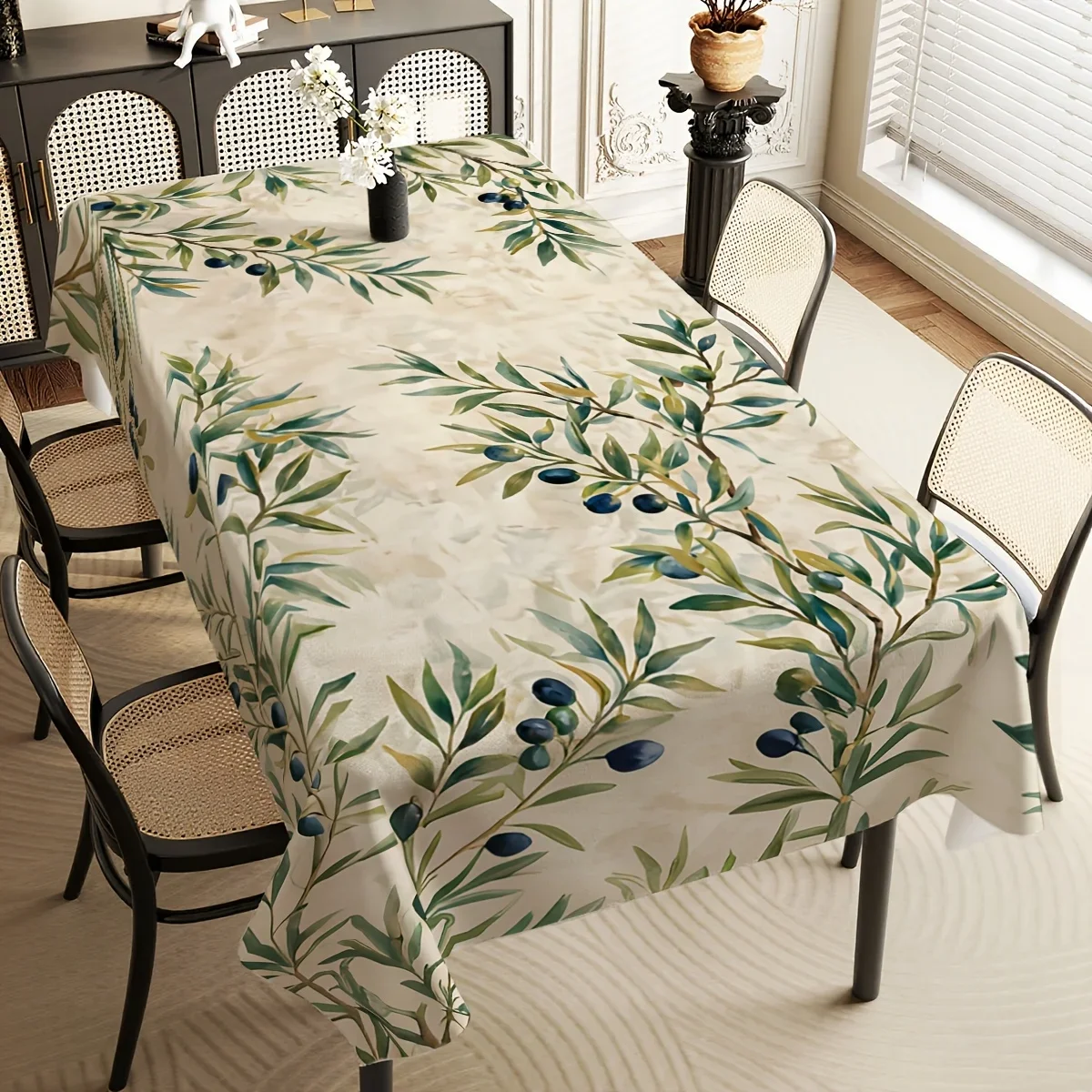 1pc Olive Branch Pattern Tablecloth, Retro Country Style, Green and Brown Color Scheme, Natural and Elegant