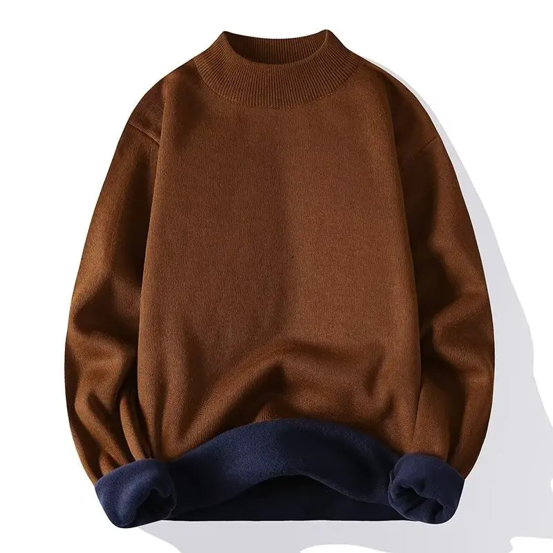 

Men Solid Jumpers Knitted Sweater Mock Neck Slight Strech Long Sleeve Loose Fit Casual Basics Winter 2025 Fleece Pullovers Tops