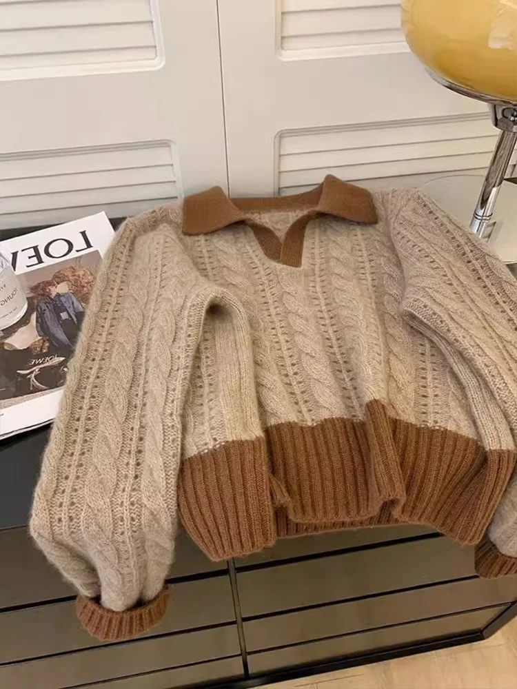 Sweter damski z dzianiny w stylu retro, luźny, swobodny, miękki i przytulny, idealny na wiosnę i jesień, długi rękaw, jednolity kolor.