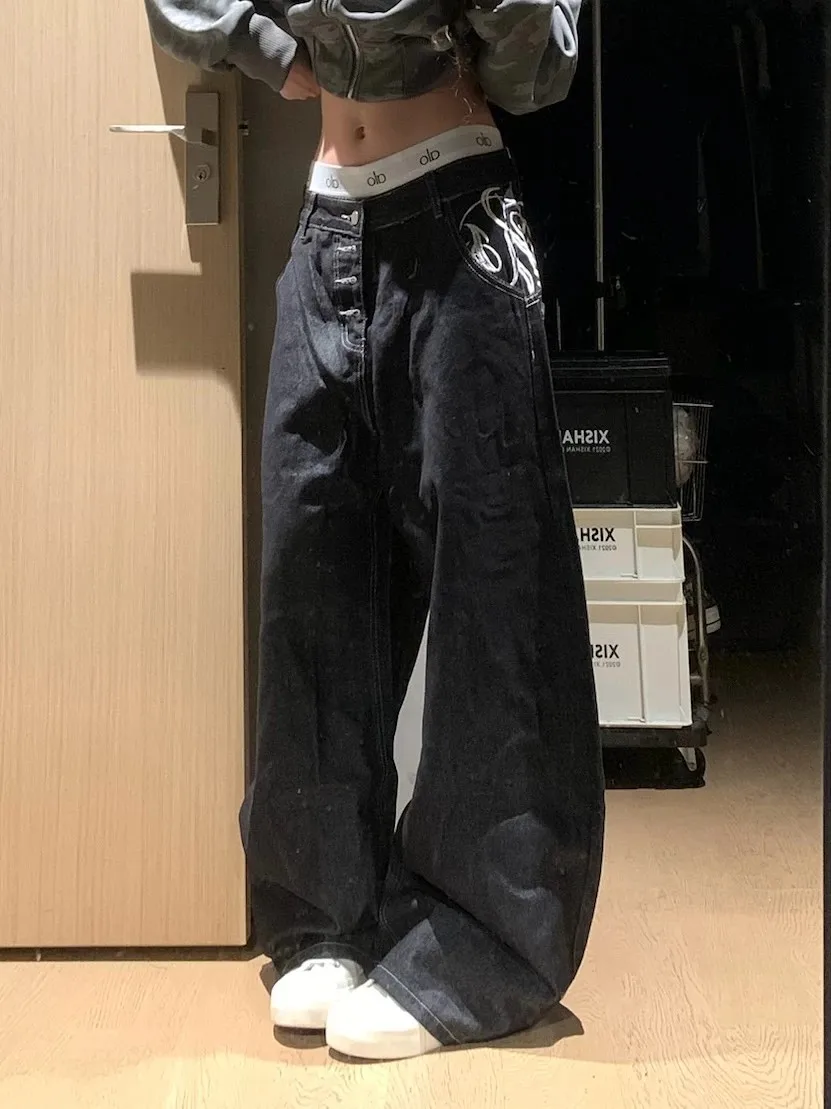 American Style High Waist Loose Fit Casual Jeans Women's Wide Leg Pants Button Closure Embroidered Design Knife  Jeans