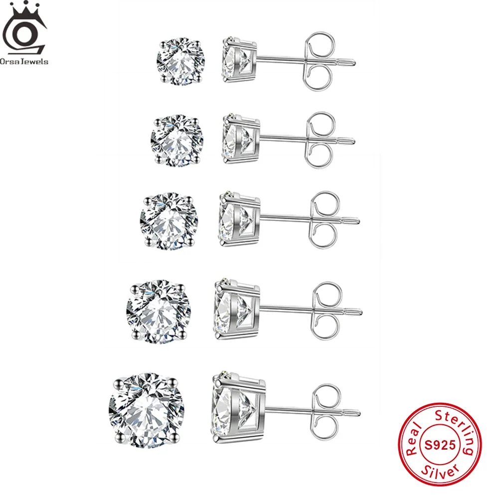 ORSA JEWELS Rhodium 2/3/4/5/6/7/8mm Genuine 925 Sterling Silver Mini Round Zircon Stud Earrings Crystal Piercing Ear Stud APE33