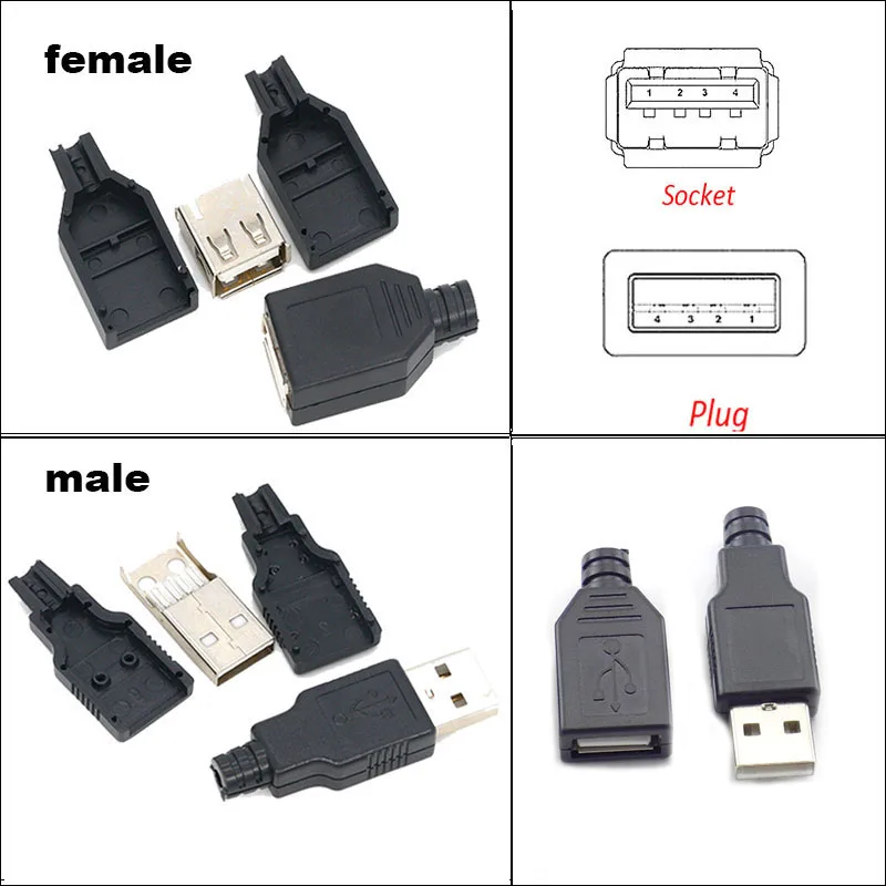 USB 2.0 Type A Male Female 4 Pin Plug Socket Connector With Black Cover DIY Kits 5V 1.5A-2A D1