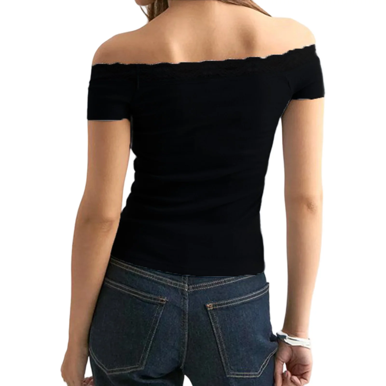 المرأة الدانتيل المرقعة قبالة الكتف قمم سليم صالح Ruched قصيرة الأكمام المحاصيل قمصان عارضة الصيف الشارع الشهير للاستخدام اليومي في الهواء الطلق #4