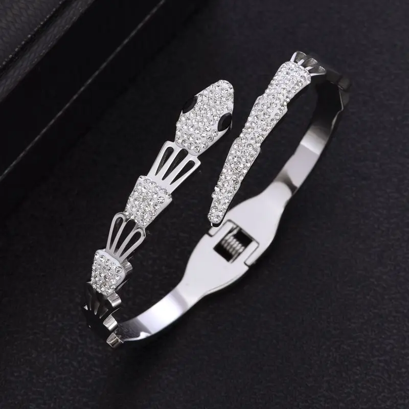 New Brand Snake Heart Women Girls Wedding Party Open Cuff Bangles Stainless Steel Charm Crystal Fashion Bracelets Pulsera