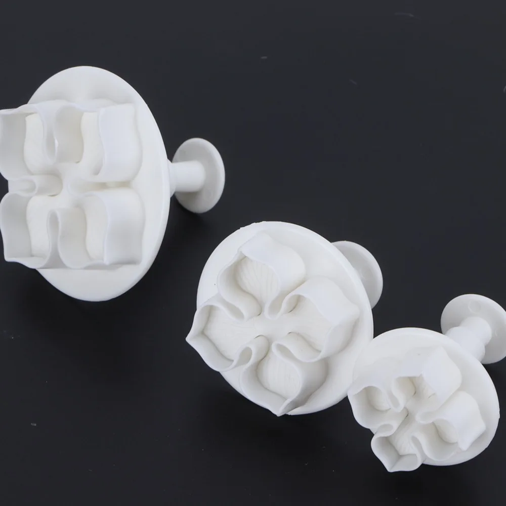 3PCS Food Grade PP Fondant Flower Cutter Easy Clean Spring-Loaded Cake Plunger Cutters Flower Design Cake Decor Embossing Mold