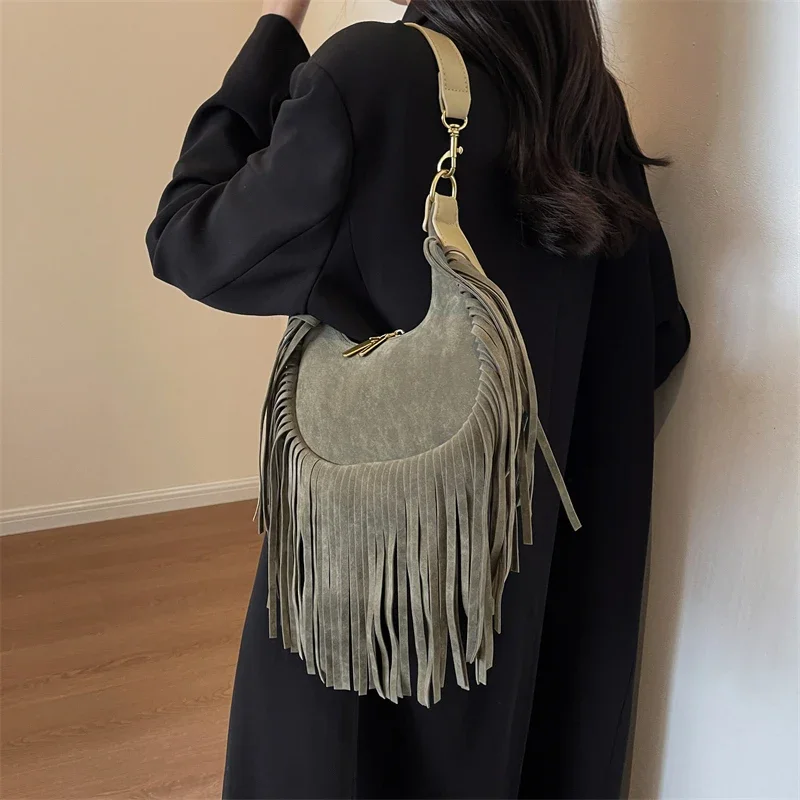 Small Tassels Design Shoulder Bags Women 2024 New Korean Fashion Punk Style Underarm Bags Trendy Retro Pu Leather Handbag Female