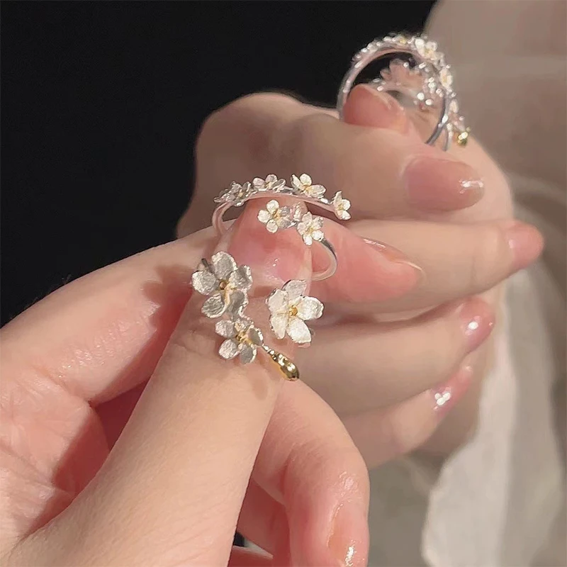 Delicate Flower Opening Adjustable Rings For Women Silver Color Minimalist Finger Ring Engagement Fine Jewelry Female Gift