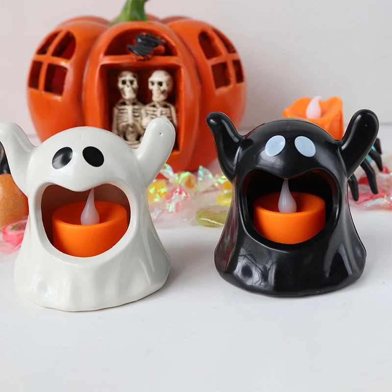 2Pcs Halloween Ghost Night Lights Flameless LED Candle Holder Lamp Battery Operated For Halloween Party Decoration