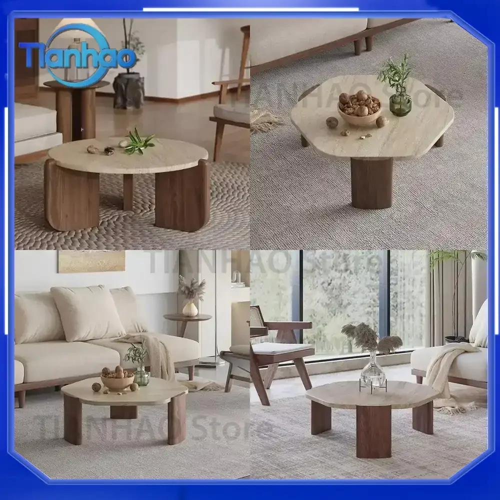 GEDO for 2025 Wabi-sabi Round Coffee Table with Solid Wood Legs and Sintered Stone or Natural Stone Desktop for Living Room