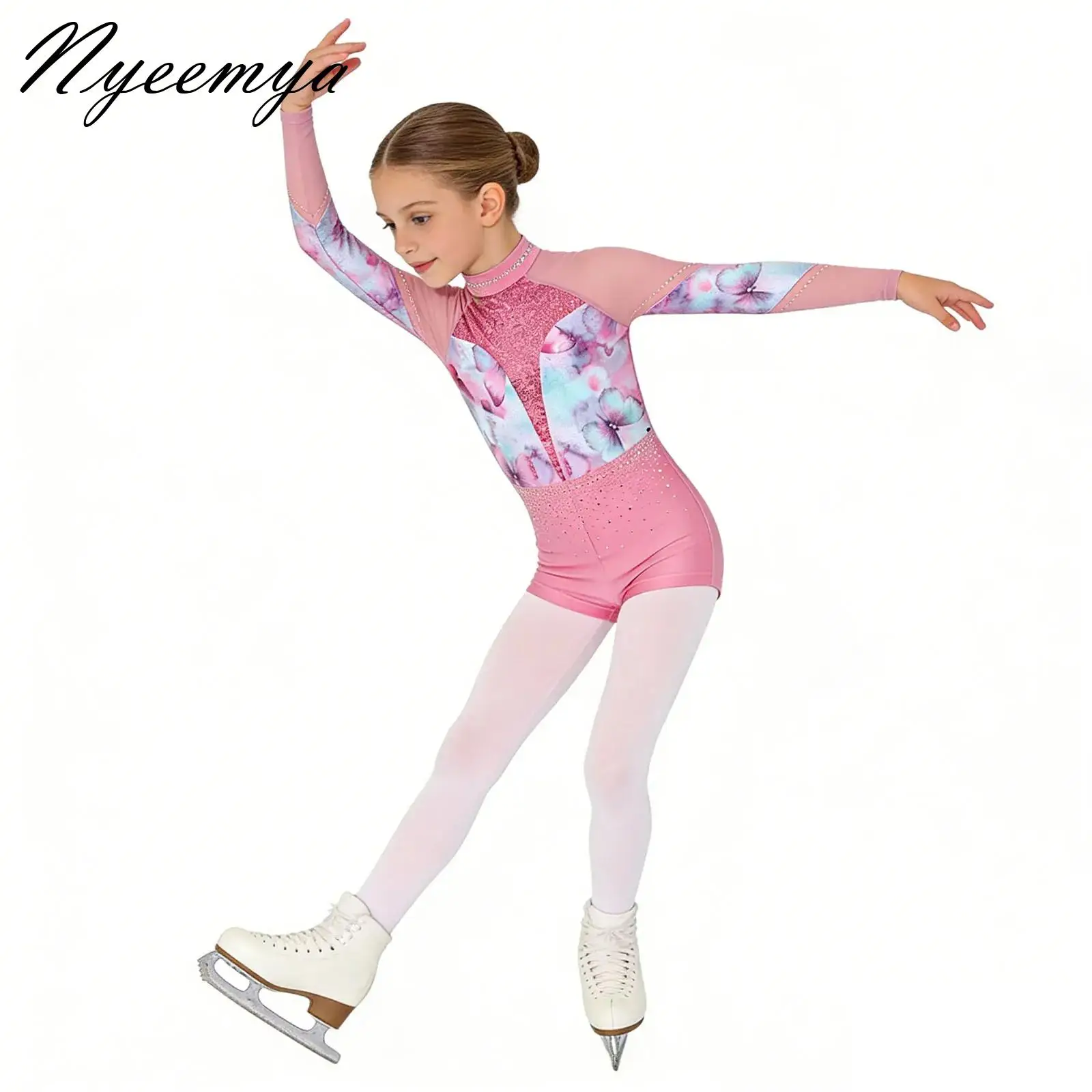 

Girls Jazz Modern Dance Performance Costume Long Sleeve Mesh Patchwork Shiny Rhinestones Tumbling Outfits Gymnastics Leotard