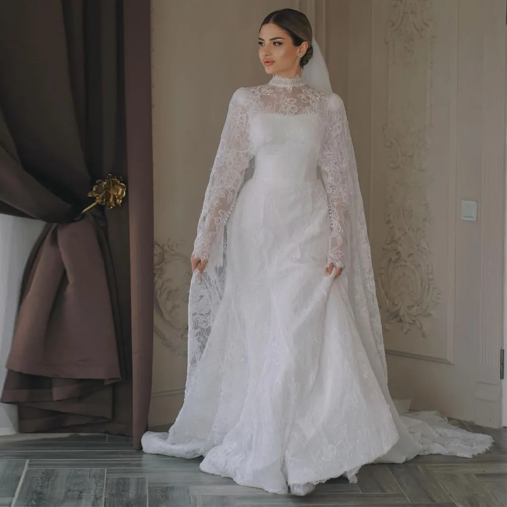 

Customized Modest Mermaid Lace Wedding Dress with Cape High Neck Long Sleeve Bridal Gown Button Detail vestidos de novia