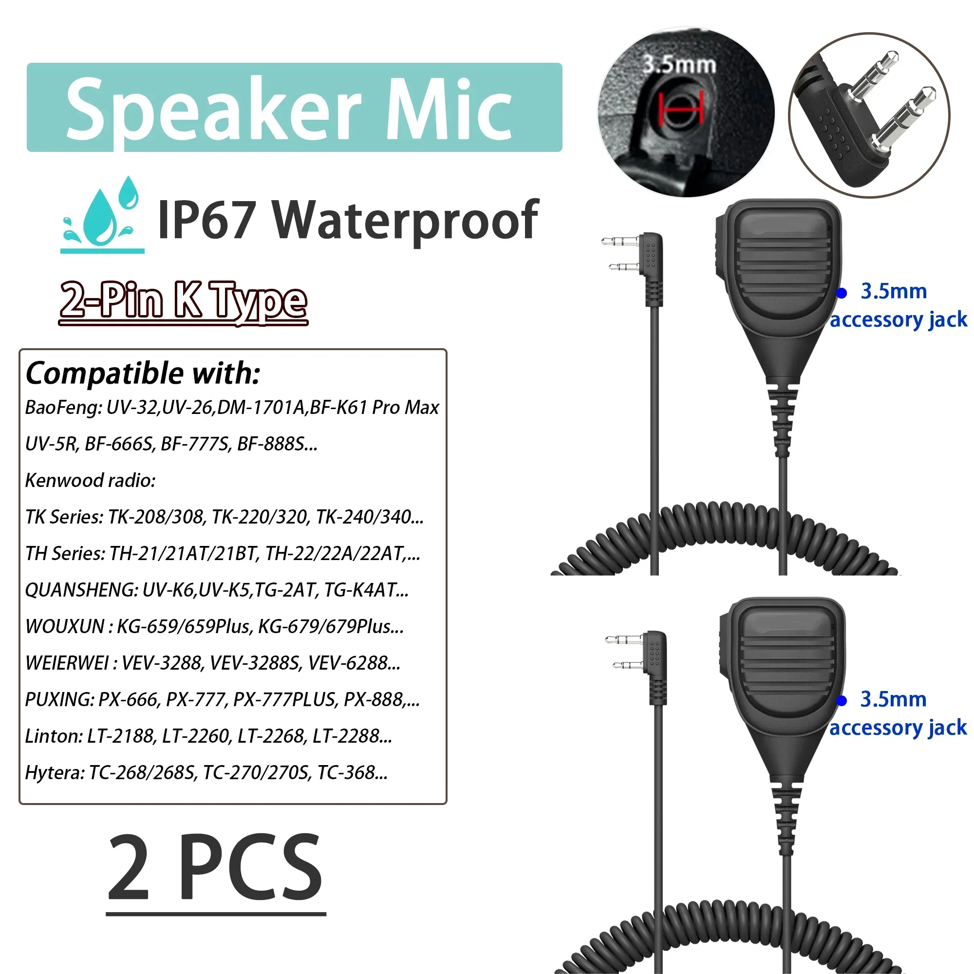 4021 Schoudermicrofoon UV-25M Walkie Talkie Microfoon 2-PIN K-Type Met 3,5 mm Jack Compatibel met Baofeng Quansheng Kenwood Radio