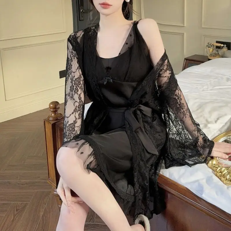 

2025 Summer 2PCS Sexy Lace Lingerie Silk Satin Nightgowns Robes Sets For Women Korean Bathrobe Sleepwear Nightdress Night Dress