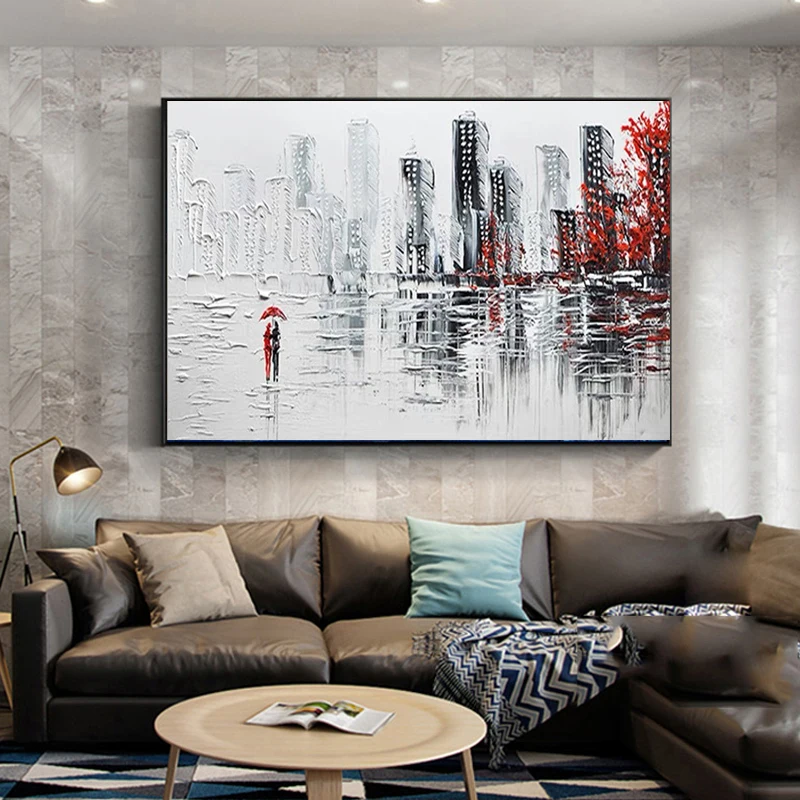 100% Handmade Abstract Thick Impasto Knife Oil Painting Canvas Wall Decor, Monochrome Rain City Couple Modern Home Acrylic Art