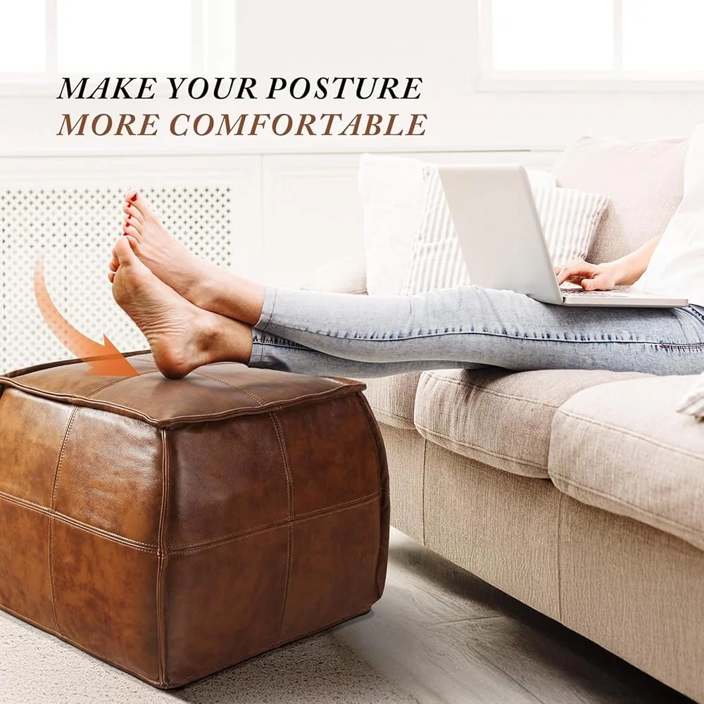 Genuine Leather Ottoman Handmade Storage Pouf Soft Cushion Footrest Stylish Seating Home Living Spaces