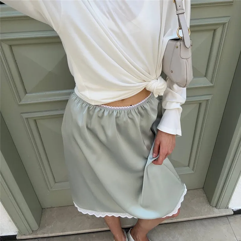 

hirigin Elegant Midi Skirts for Women Autumn High Waist Lace Satin Trumpet Skirt Woman Luxury Slim Korean Fashion Skirts