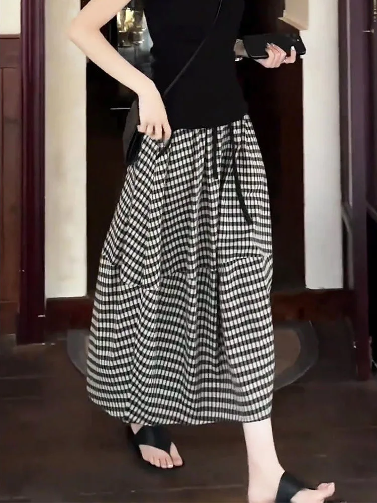 Elegant Plaid  Skirt Women's Summer New Elastic Waist Drawstring Bloomer Skirt High Waist A-Line Long Skirt Korean Style