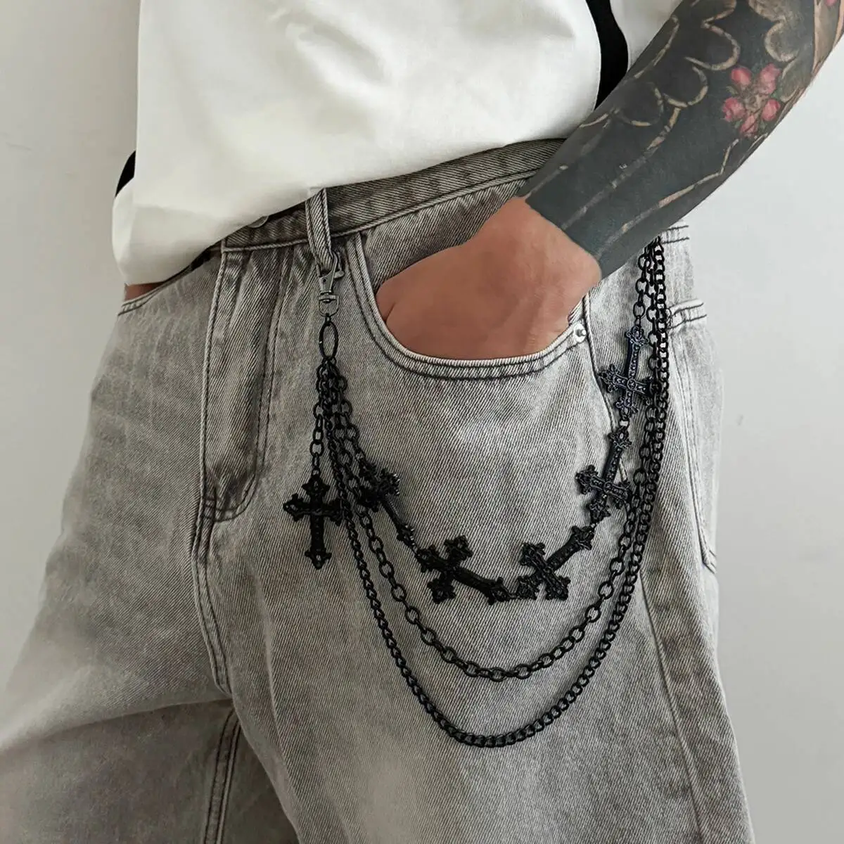 Salircon Hip Hop Goth Schwarz Kreuz Anhänger Schlüsselanhänger Taille Gürtel Männer Frauen Vintage Brieftasche Hosen Hipster Jeans Schlüsselring Schmuck