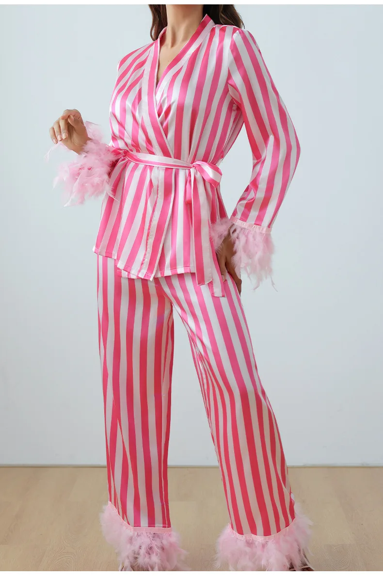 

Pink White Stripes Female Pajamas Set Loungewear Feather Long Sleeves Trouser Pijamas Suit Loose Casual Satin Home Wear Pyjama