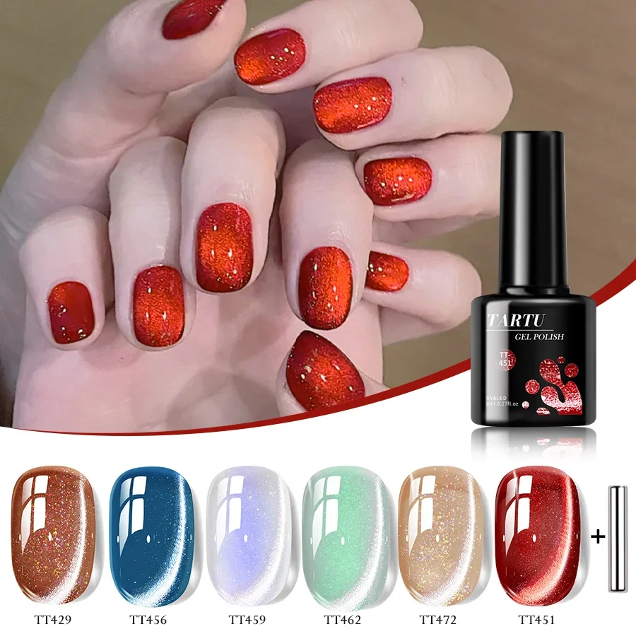 TARTU 6 Stück 8 ml Nude Pink Rot Blau Grün Braun Schwarz Cat Eye Nagelgel-Set, 6 Farben Semi-permanentes Gel-Nagellack-Set, Soak Off Uñas