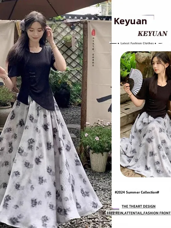 Afslanken Chinese Sle Zomer Nieuwe Trendy vrouwen Set Bloemen f Rok Ele Top plus Size 300Pou Tweedelige Set