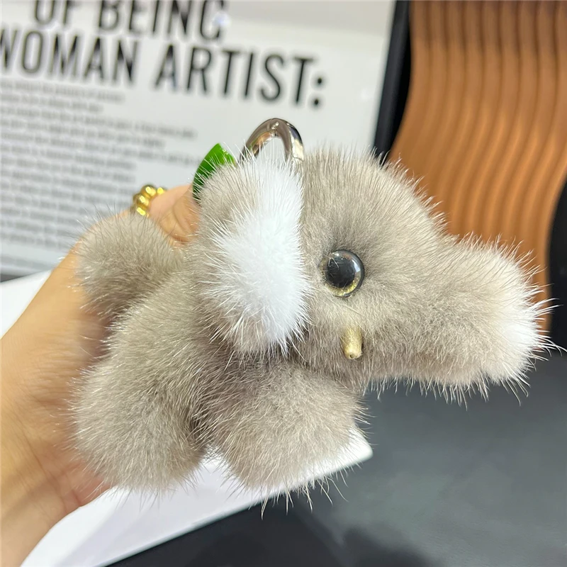 Cute Real Mink Fur Keychain Plush Elephant Toy Women Handbag Ornaments Car Keyring Metal Chain Strap Trinkets Girl Birthday Gift