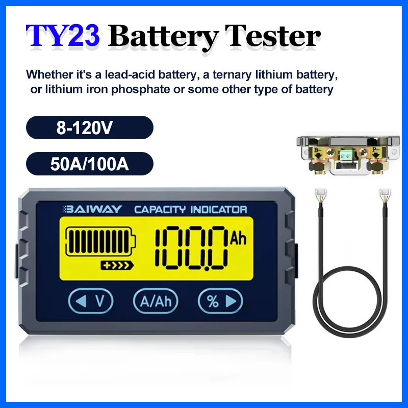 TY23 Battery Tester 8-120V 50A/100A Battery Capacity Indicator Coulometer for Li-ion Lifepo4 E-bike/Balance Car/Cleaning Machine