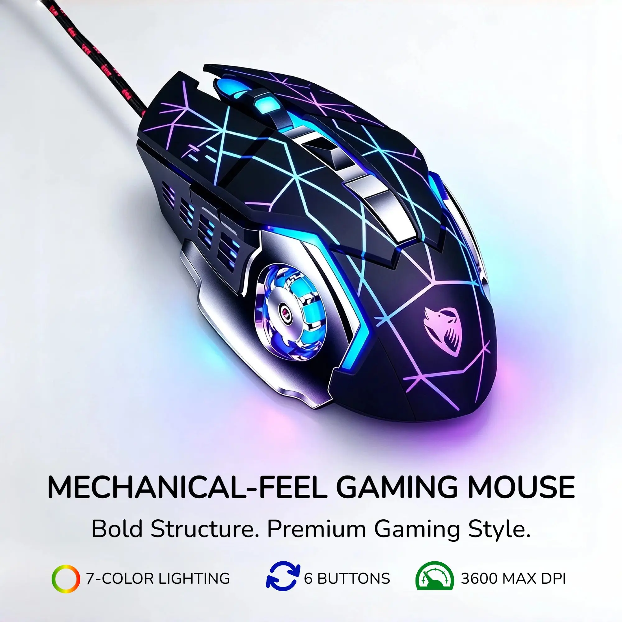 V6 Wired Gaming Mouse 3600DPI Adjustable 6 Button RGB 7-Color Breathing Light Ergonomic Metal Base Plug Play PC Laptop