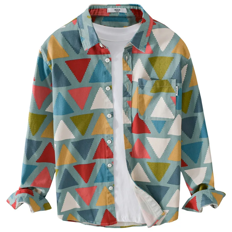 100% Cotton Long Sleeve Shirts Mens Summer Fashion Colorful Print Korea Geometry Chic Versatile Streetwear Men Shirts 2024 Tops