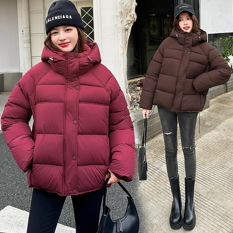 Hooded Parkas Coats Women Solid Short Jacket Pocket Drawstring Zipper Long Sleeve Loose Fit Thick Office Lady Casual 2025 Winter