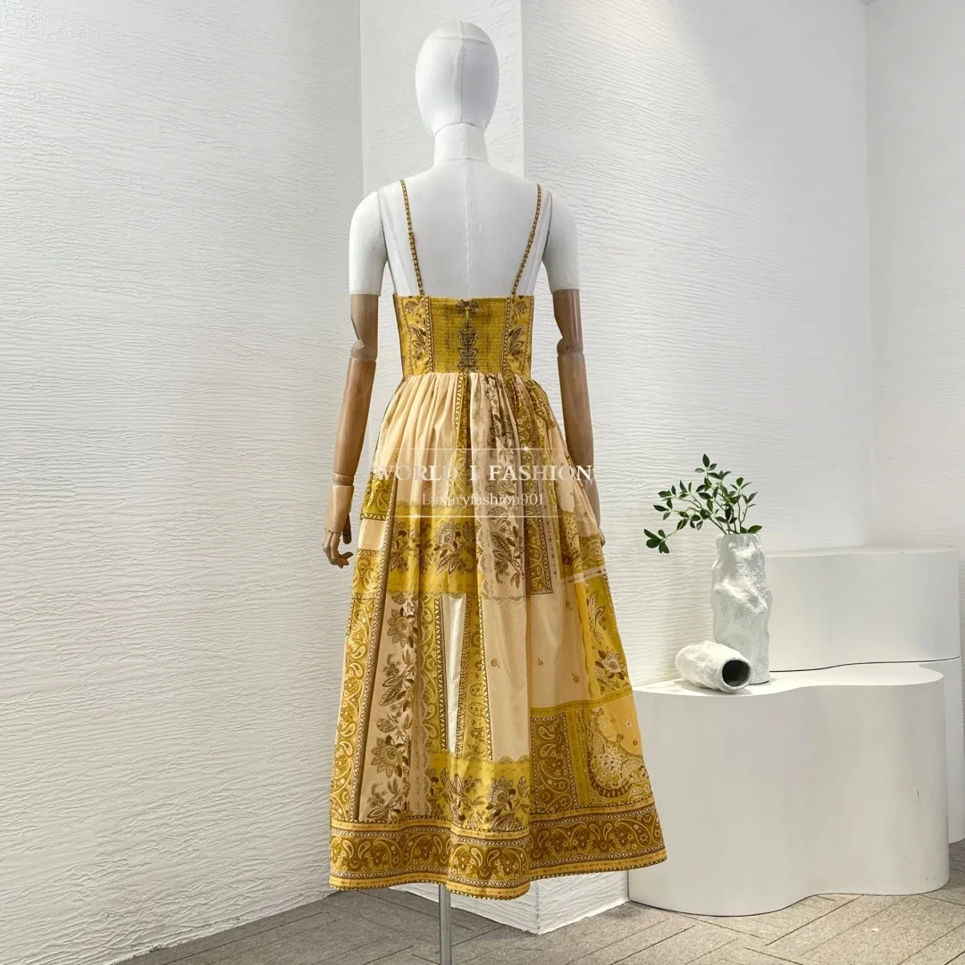Summer 2025 New Golden Yellow Floral Print Sleeveless Pleat Hem Backless Midi Dress for Holiday