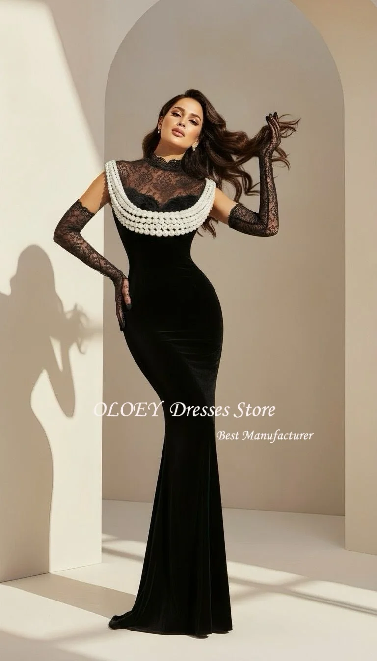 OLOEY 블랙 레이스 특별 행사 드레스 오-넥 롱 드레스 맞춤형 행사 파티 절묘한 공식적인 고품질 맞춤형
