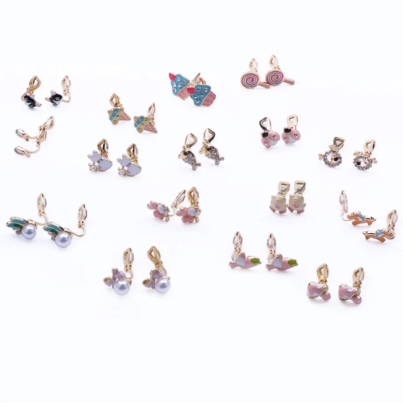 GRACE JUN Cute Cartoon Animal Gold Color Clip on Earrings for Girls Fashion Enamel Pearl Flower Fish Cuff Ear Clip Wholesale