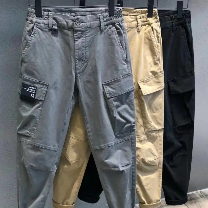 Handsome Fashion Stickers Multiple Pockets Men's Cargo Pants New Classic Straight Cylinder Street Casual Button Zipper Trousers