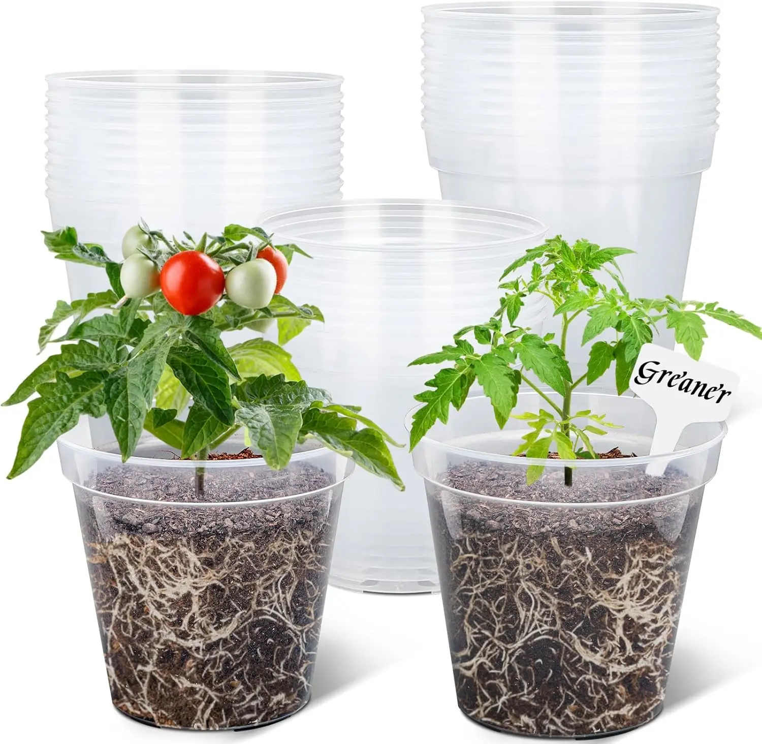 

7 Inch Transparent Plastic Garden Pots, Clear Plant Pots with Drainage Holes and 20 Pcs Plant Labels, Durable Seed Start