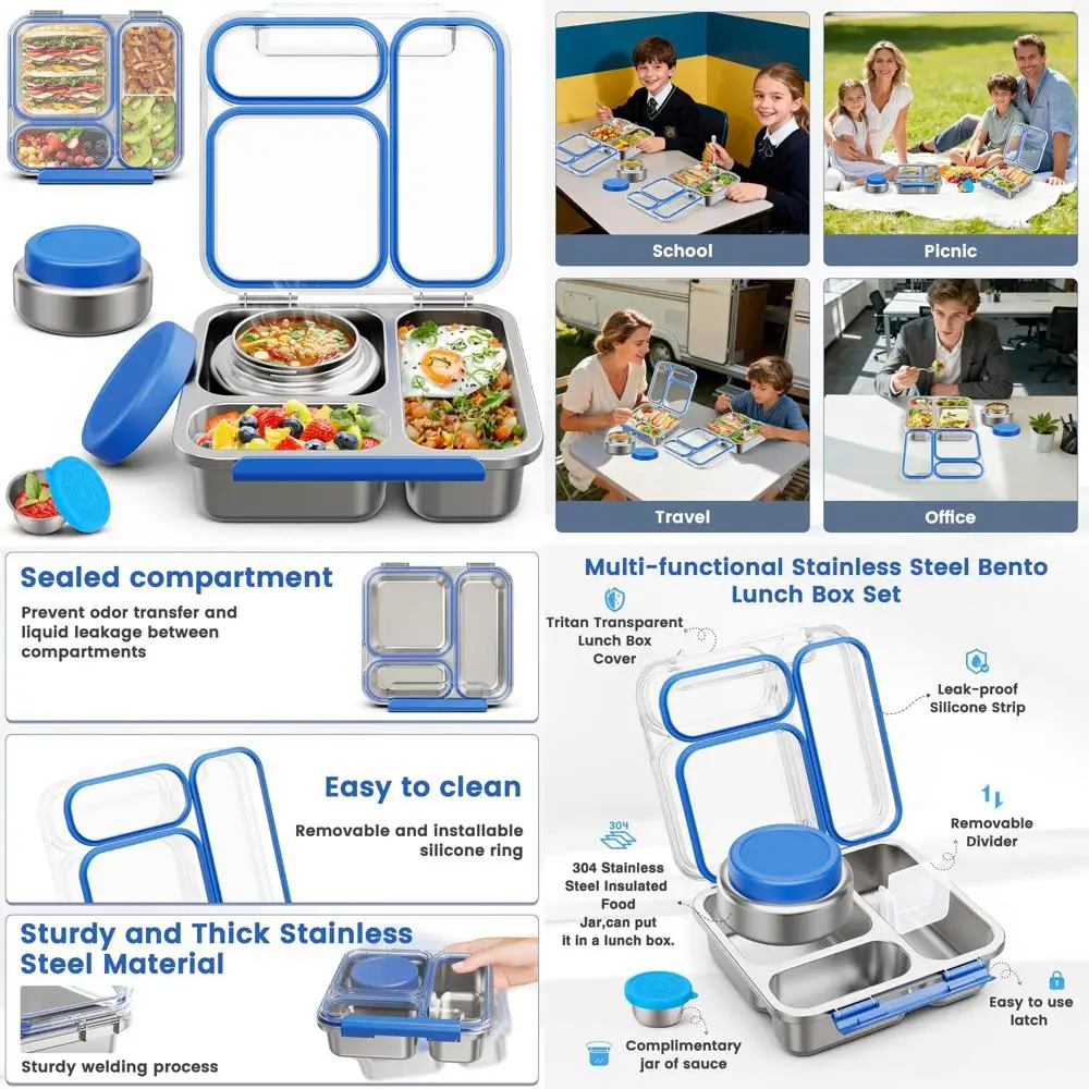 

Stainless Steel Bento Lunch Box with 7oz Soup Thermo, 3 Compartments, BPA-Free (Blue)
