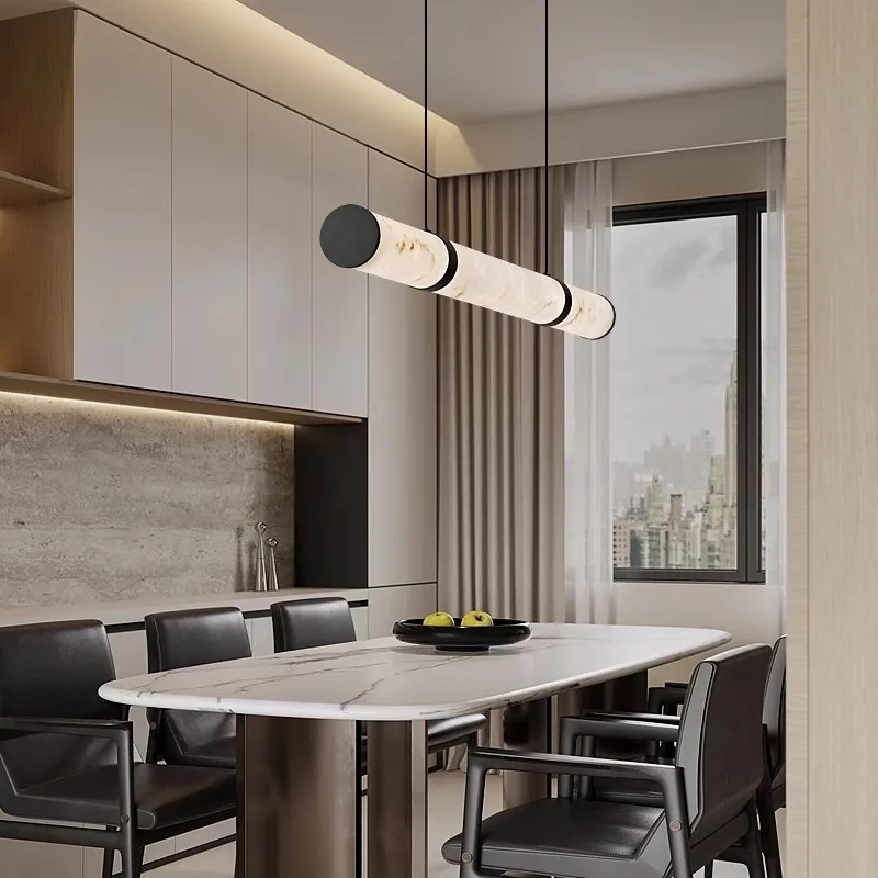 Italian light luxury restaurant chandelier marble all-copper dining table bar island table designer sense of long strip lamps