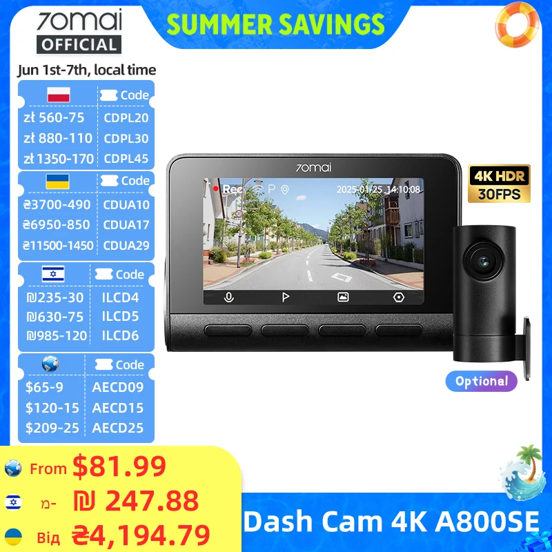 70mai A800SE 4K Car DVR with Rear Cam Support