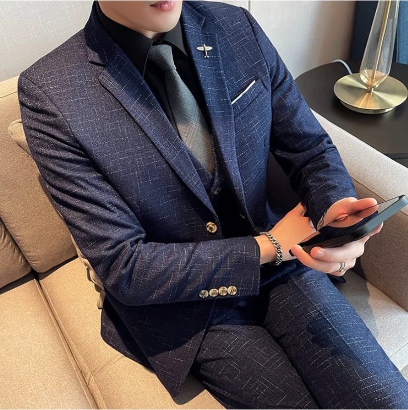 طقم بدلة راقية، طقم مكون من ثلاث قطع للرجال، بدلة رسمية احترافية للأعمال، أفضل رجل، العريس، فستان زفاف